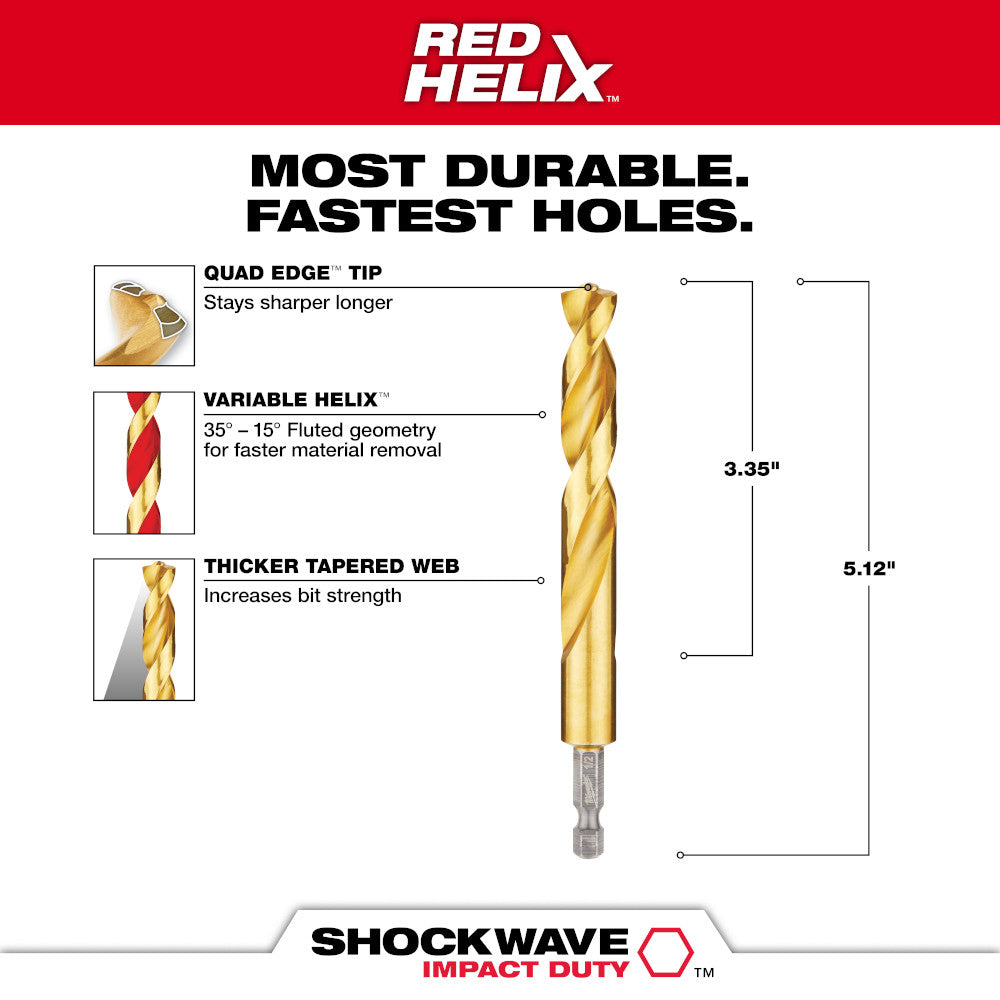 1/2" SHOCKWAVE™ Impact Duty RED HELIX™ Titanium Drill Bit