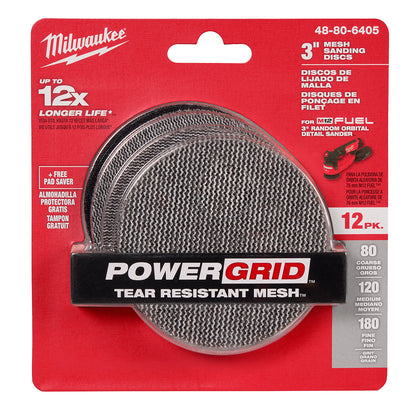 3” Assorted 80, 120, 180 Grit Mesh Sanding Discs with POWERGRID™ Tear Resistant Mesh – (12 PK) + Pad Saver