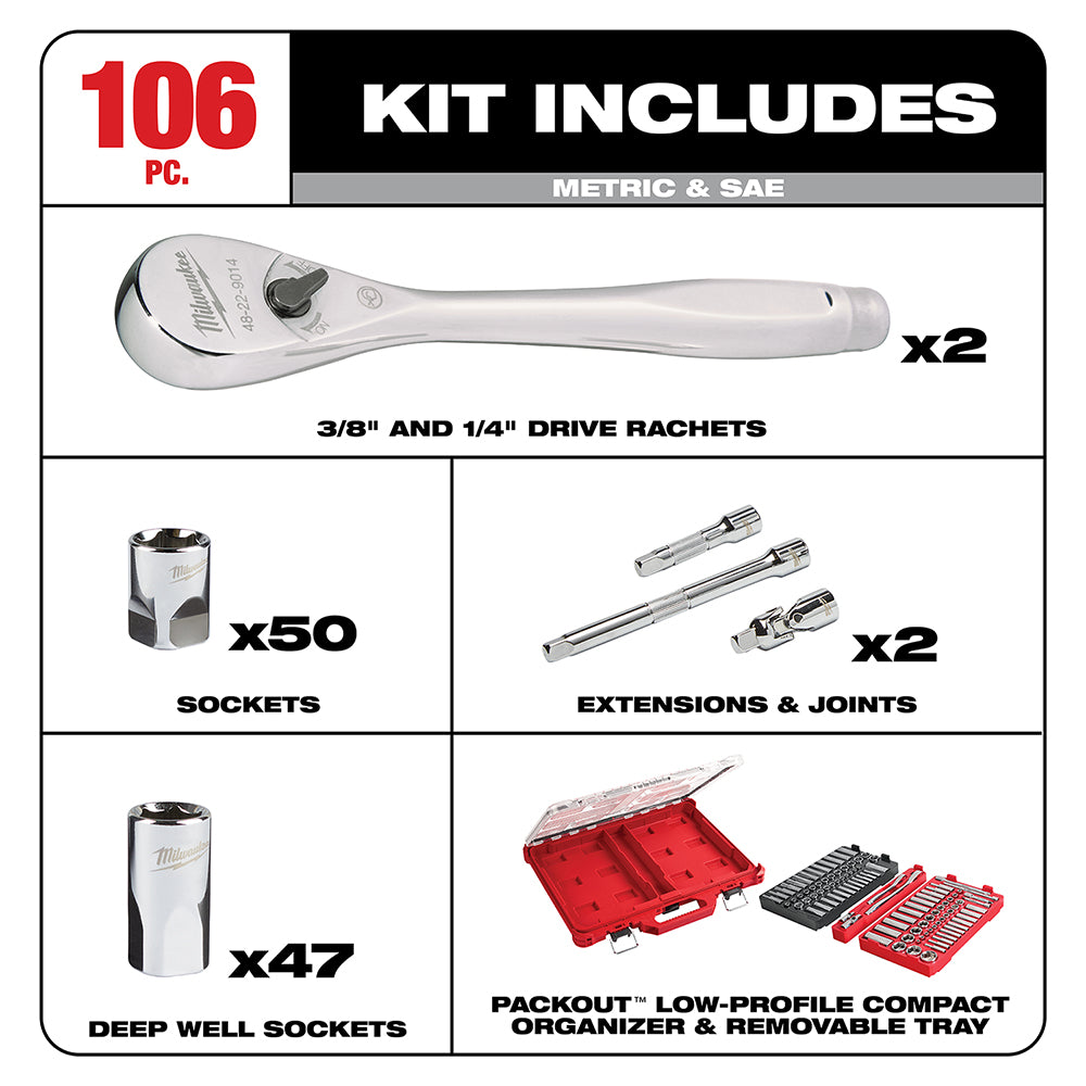 1/4 in. & 3/8 in. 106 Pc. Ratchet and Socket Set in PACKOUT™ - SAE & Metric