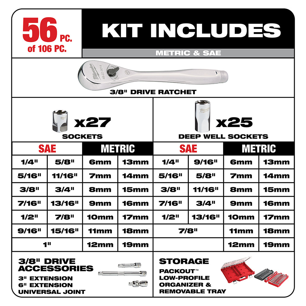 1/4 in. & 3/8 in. 106 Pc. Ratchet and Socket Set in PACKOUT™ - SAE & Metric