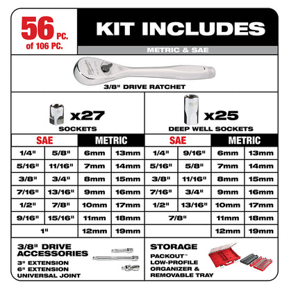 1/4 in. & 3/8 in. 106 Pc. Ratchet and Socket Set in PACKOUT™ - SAE & Metric