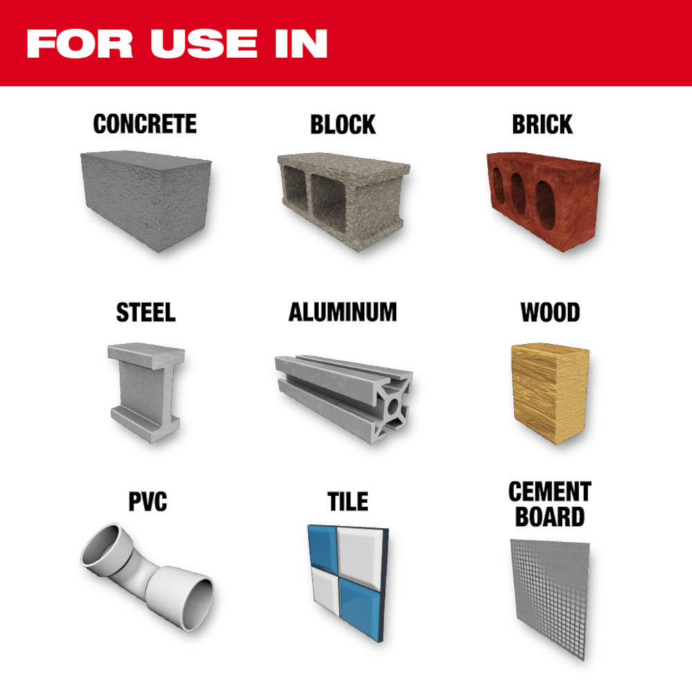 For use in Concrete, Block, Brick, Steel, Aluminum, Wood, PVC, Tile, Cement Board