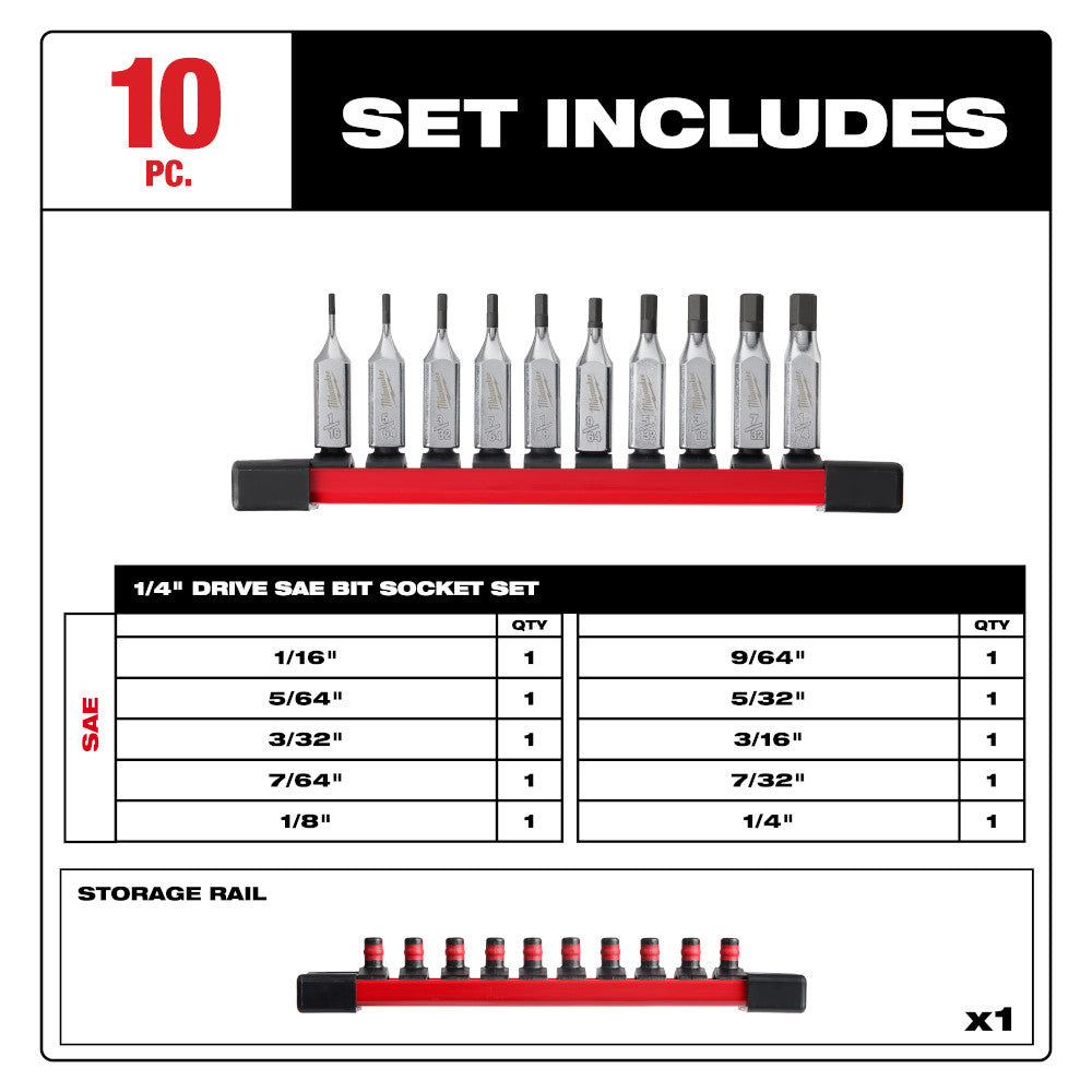 10-piece socket set with measurements and storage rail depiction.