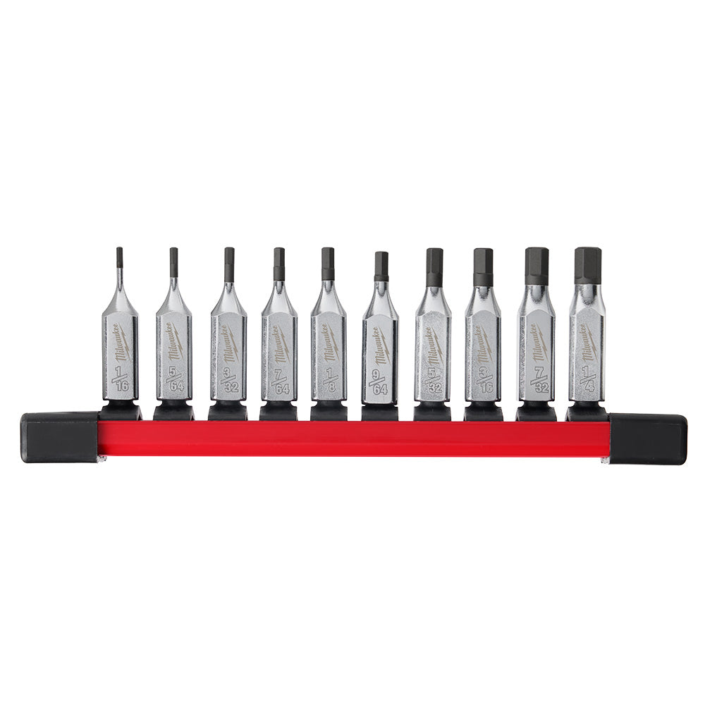 A set of ten silver-colored hex bit sockets arranged in a red holder, with varying sizes displayed in a specific order.