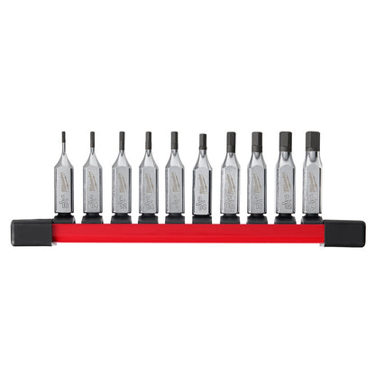 A set of ten silver-colored hex bit sockets arranged in a red holder, with varying sizes displayed in a specific order.