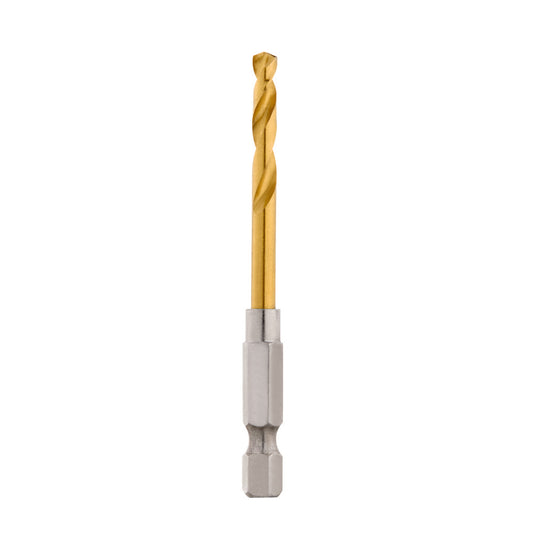 A gold-colored titanium drill bit with a hex shank designed for impacts and drills, featuring a 135° split point and a helical flute.