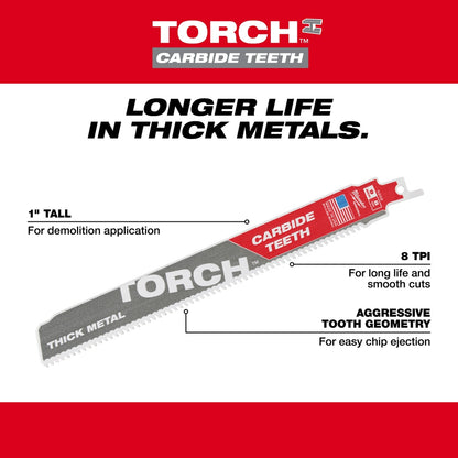 12" 8 TPI TORCH™ with Carbide Teeth for Thick Metal SAWZALL® Blade (1 PK)
