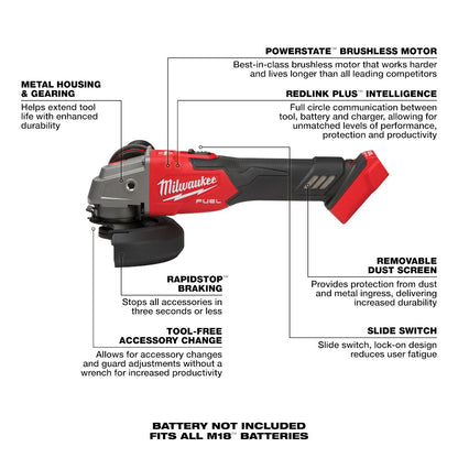 M18 FUEL™ 4-1/2" / 5" Variable Speed Braking Grinder, Slide Switch Lock-On