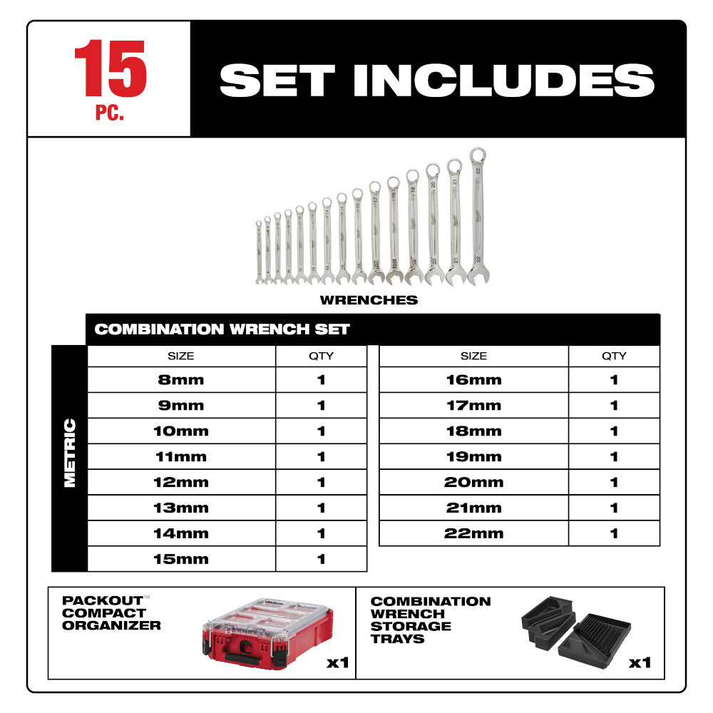 15pc Metric Combination Wrench Set with PACKOUT™ Compact Organizer