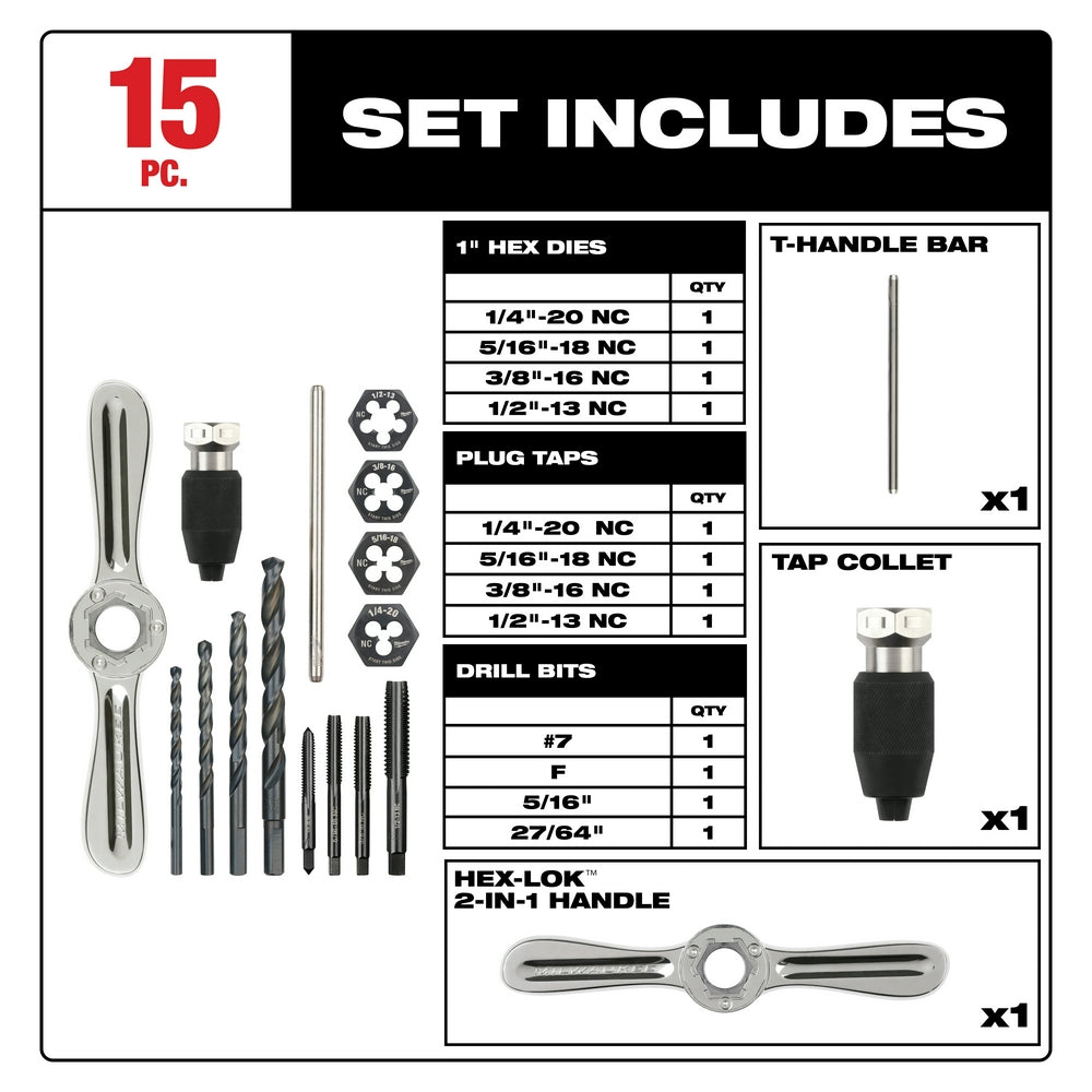 15PC SAE Tap and Die Set with HEX-LOK™ 2-in-1 Handle