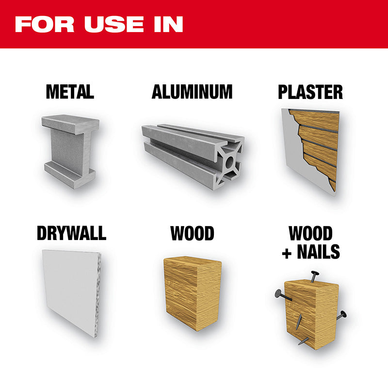 For use in Metal, Aluminum, Plaster, Drywall, Wood, Wood + Nails
