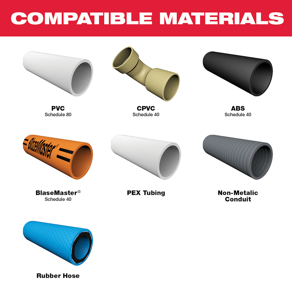 Compatible Materials: PVC, CPVC, ABS, BlaseMaster, PEX Tubing, Non-Metalic Conduit, Rubber Hose