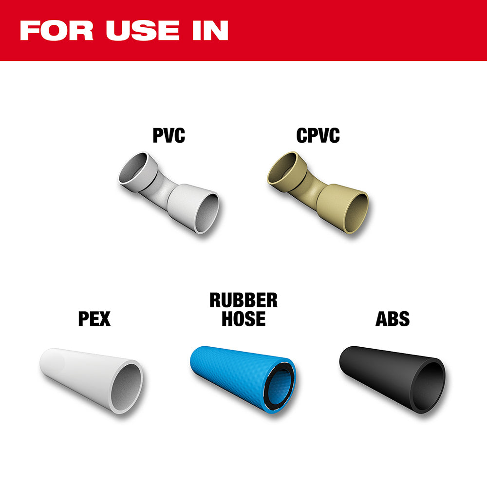 For use in PVC, CPVC, PEX, Rubber Hose, ABS
