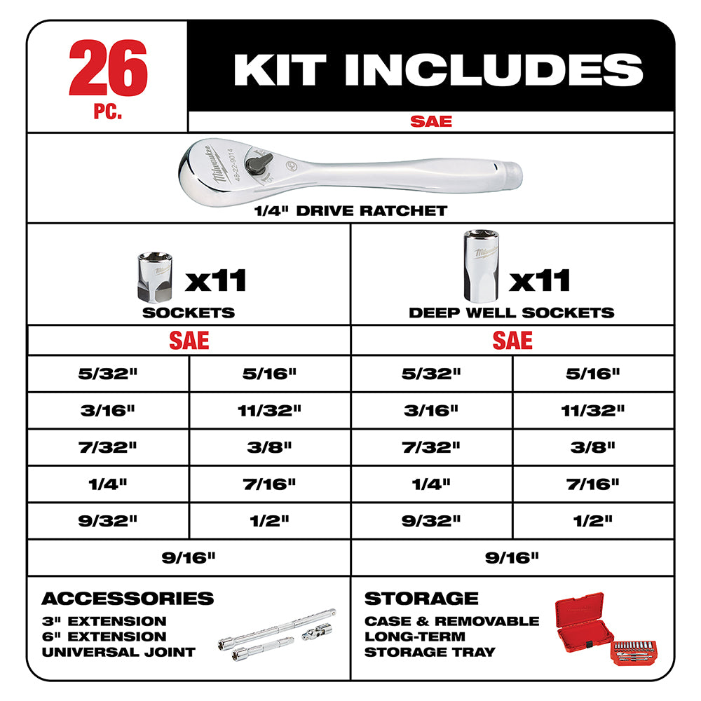 1/4 in. Drive 26 pc. Ratchet & Socket Set - SAE