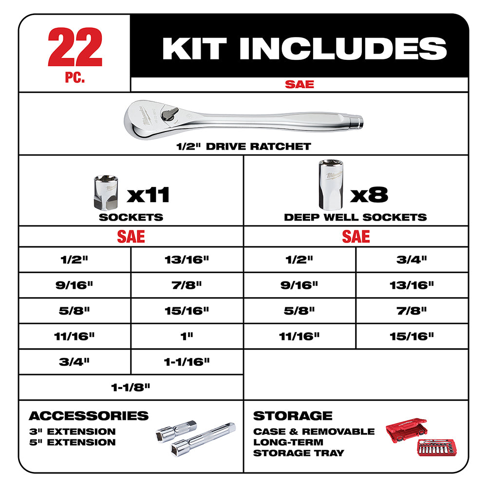 22 pc. 1/2 in. Socket Wrench Set (SAE)