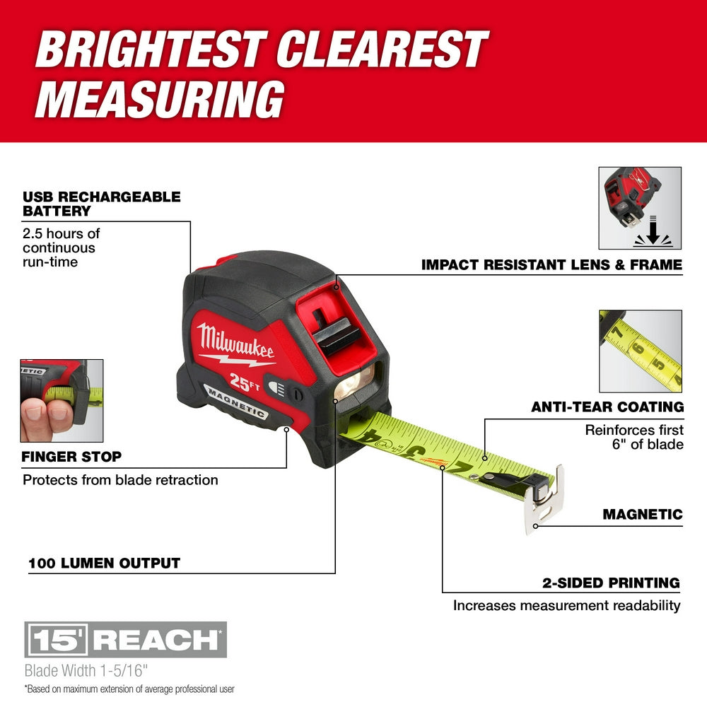 25ft Compact Wide Blade Magnetic Tape Measure w/ Rechargeable 100L Light