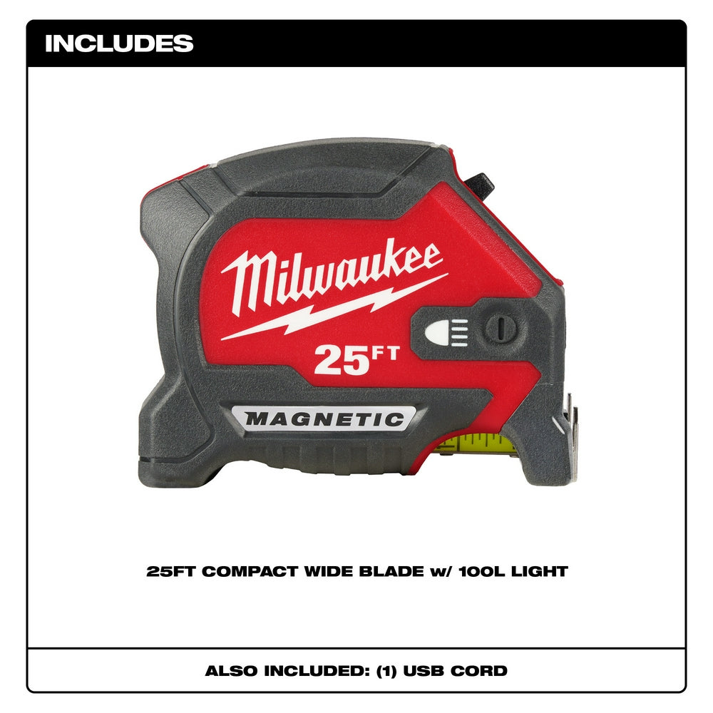 25ft Compact Wide Blade Magnetic Tape Measure w/ Rechargeable 100L Light