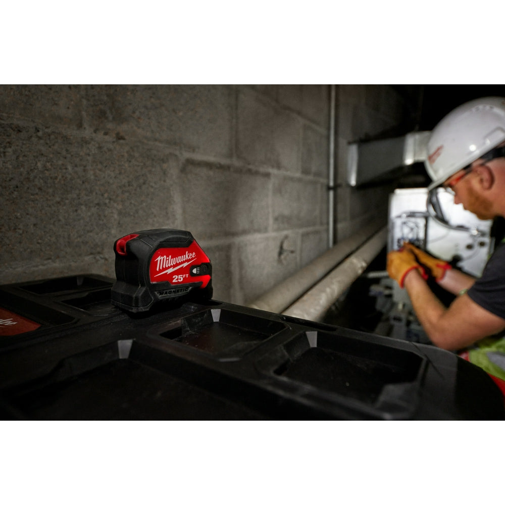 25ft Compact Wide Blade Magnetic Tape Measure w/ Rechargeable 100L Light