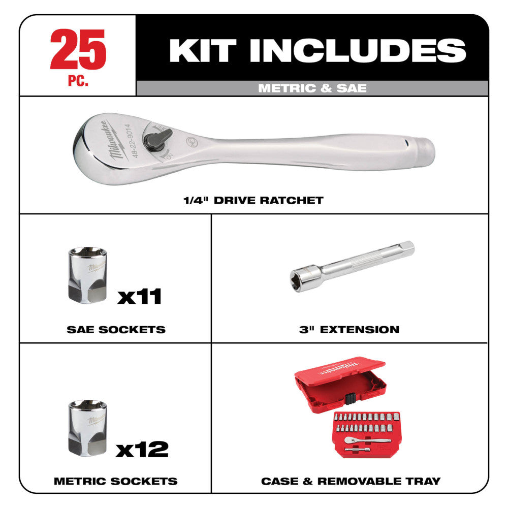 25pc 1/4" Drive Metric & SAE Ratchet and Socket Set with FOUR FLAT™ SIDES