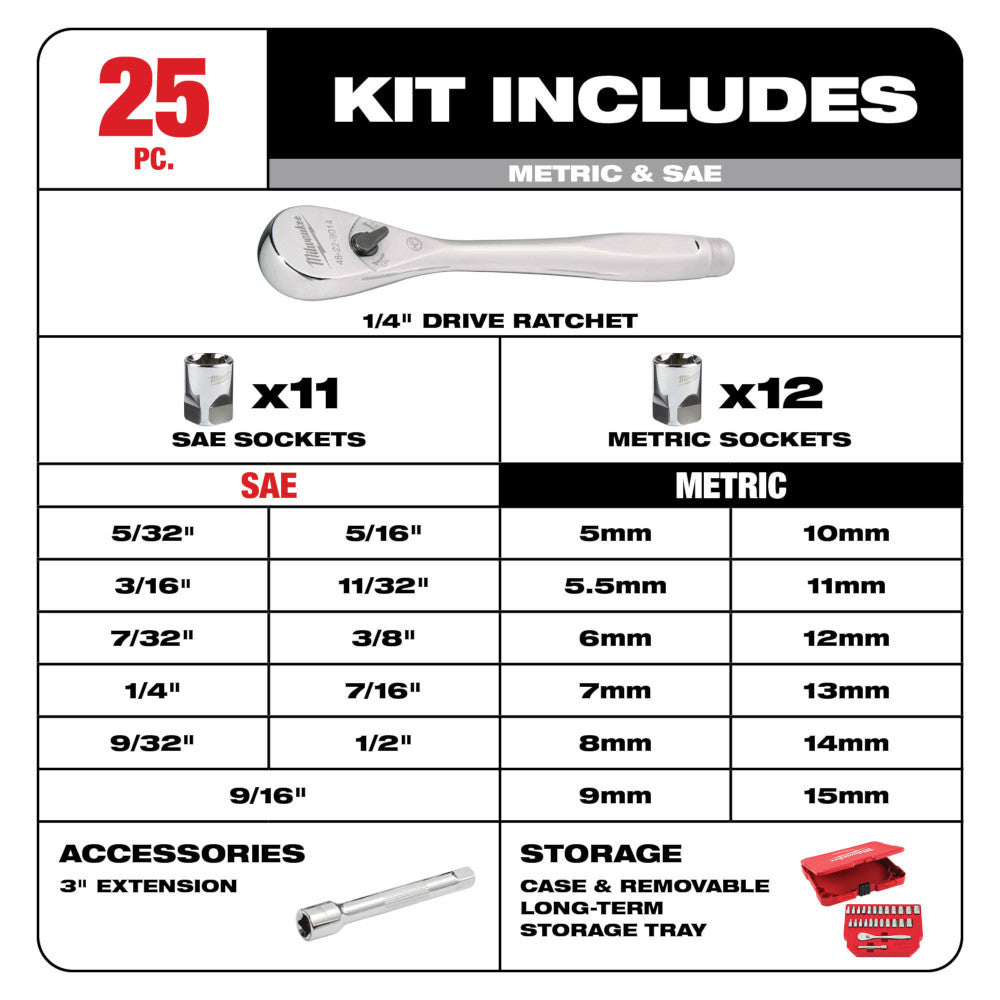 25pc 1/4" Drive Metric & SAE Ratchet and Socket Set with FOUR FLAT™ SIDES