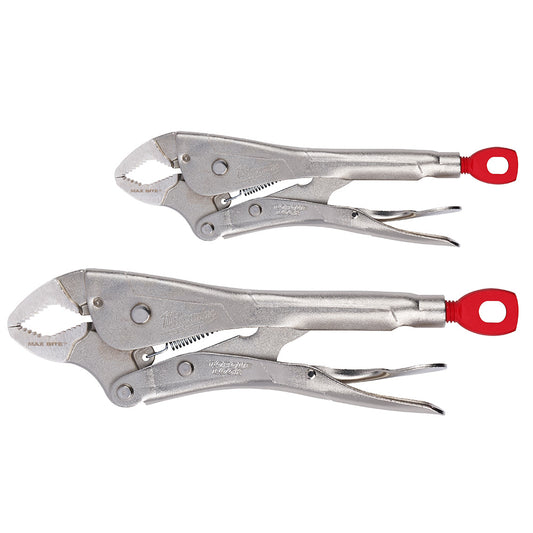Two pairs of locking pliers with red handles on a white background