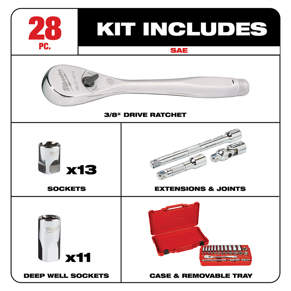 3/8 in. Drive 28 pc. Ratchet & Socket Set- SAE