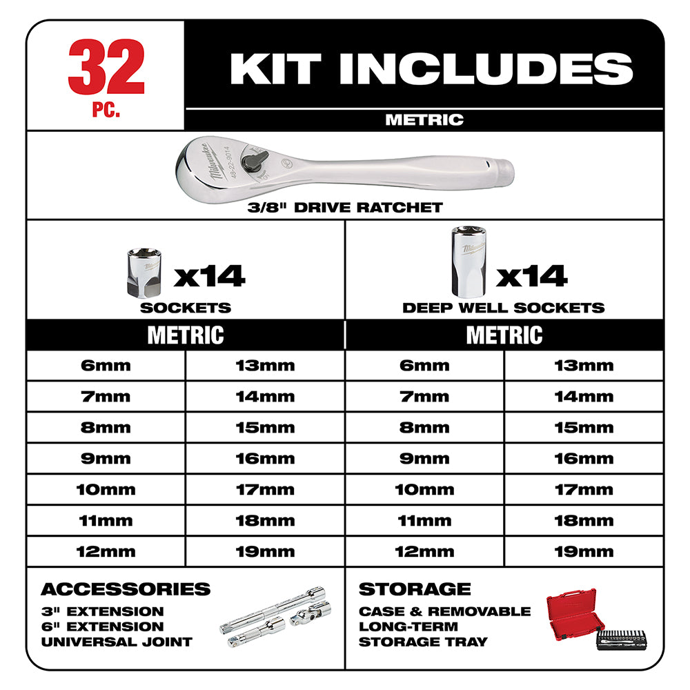 3/8 in. Drive 32 pc. Ratchet & Socket Set - Metric