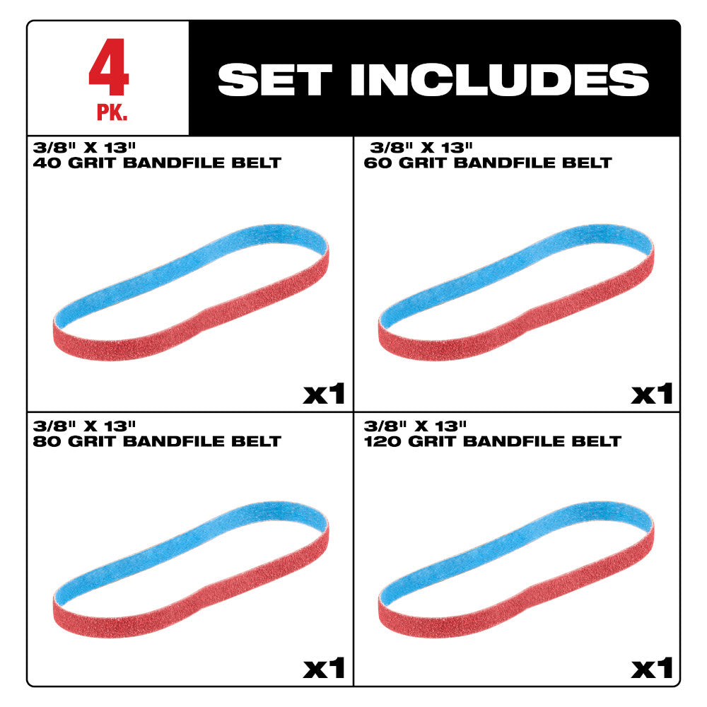 3/8” x 13” 40/60/80/120 Grit Bandfile Belts – 4 pack variety