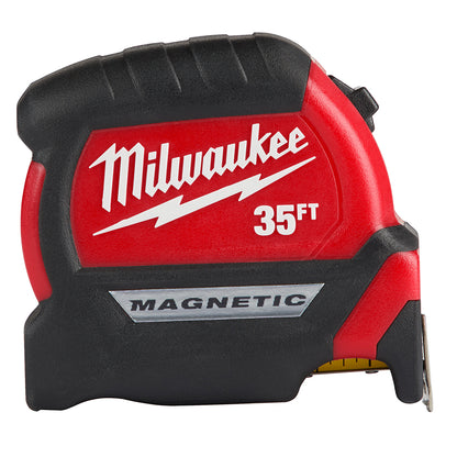 A red and black Milwaukee 35 foot compact magnetic tape measure.