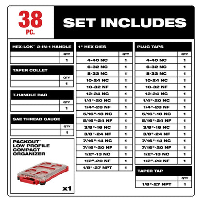 38PC SAE Tap & Die PACKOUT™ Set w/ HEX-LOK™ 2-in-1 Handle