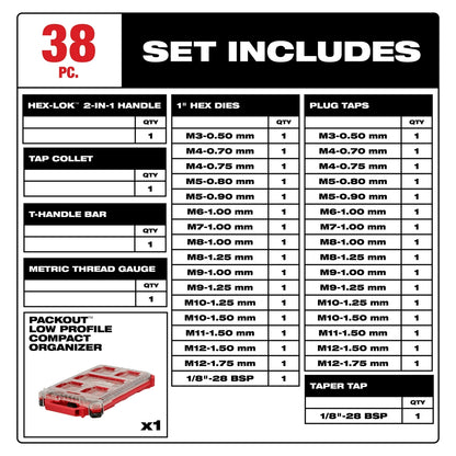 38PC Metric Tap & Die PACKOUT™ Set w/ HEX-LOK™ 2-in-1 Handle