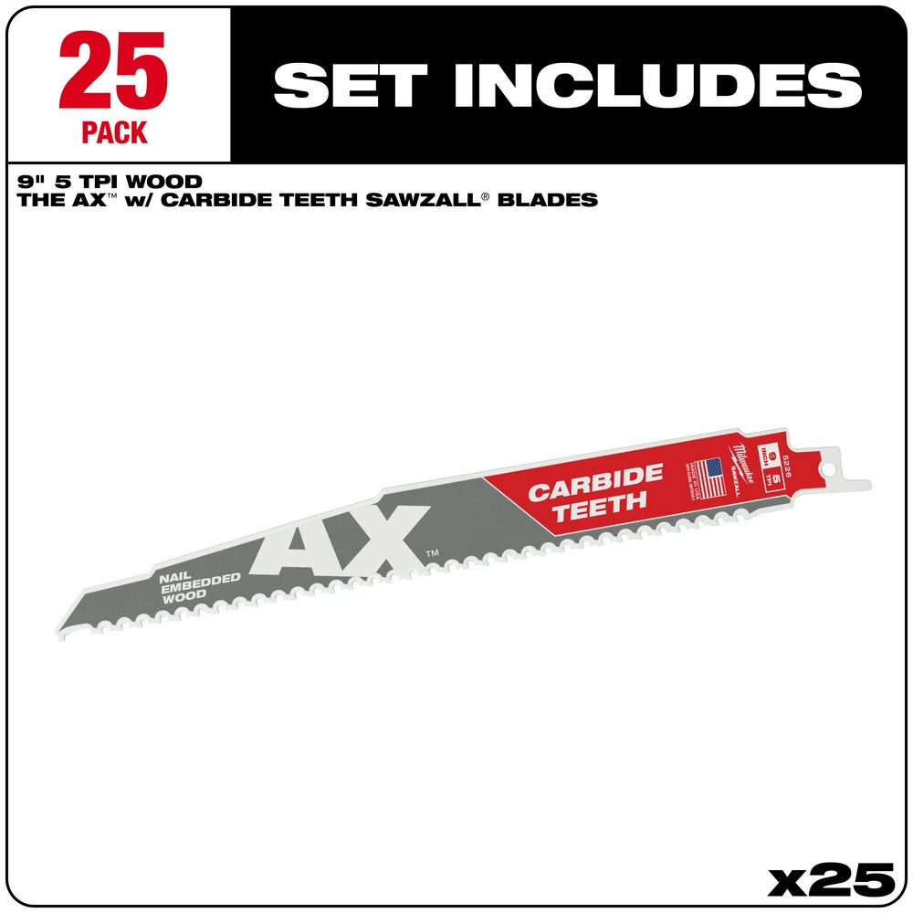 9" 5 TPI AX™ with Carbide Teeth for Wood with Nails SAWZALL® Blade (25 PK)