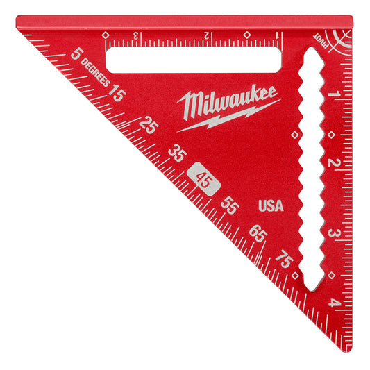 A red aluminum trim square with white laser etched markings, labeled with the Milwaukee brand and the text 'USA 45'. It features measurement scales for 1/4 inch and 3/8 inch with a dual measurement heel.