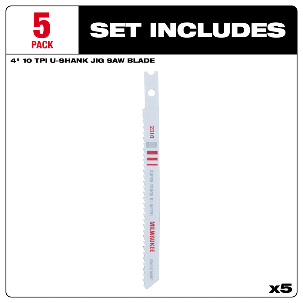 4" 10TPI U-Shank Multi-Material Bi-Metal Jig Saw Blades (5 PK)