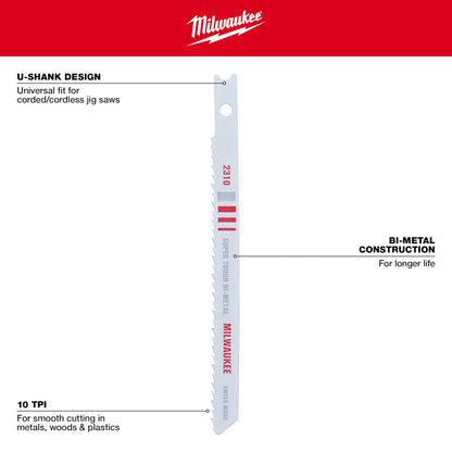 4" 10TPI U-Shank Multi-Material Bi-Metal Jig Saw Blades (5 PK)