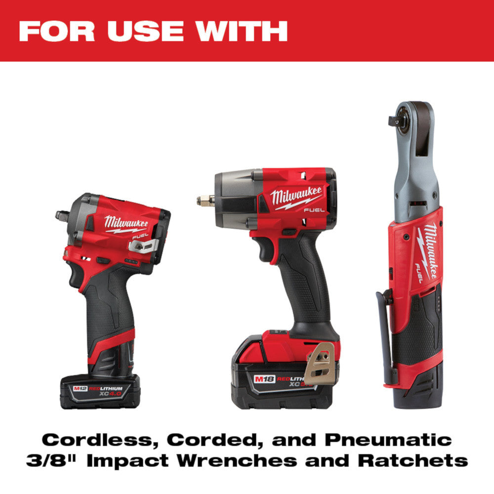 For use with Cordless, Corded, and Pneumatic 3/8" Impact Wrenches and Ratchets