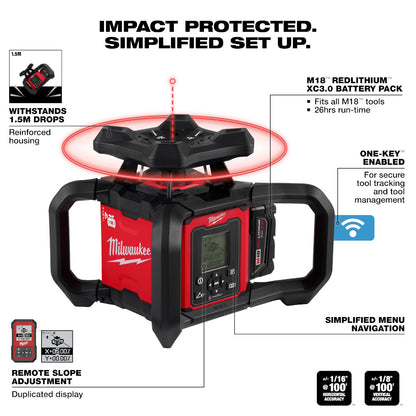 M18™ Red Exterior Dual Slope Rotary Laser Level Kit w/ Receiver, Remote, Grade Rod & Tripod