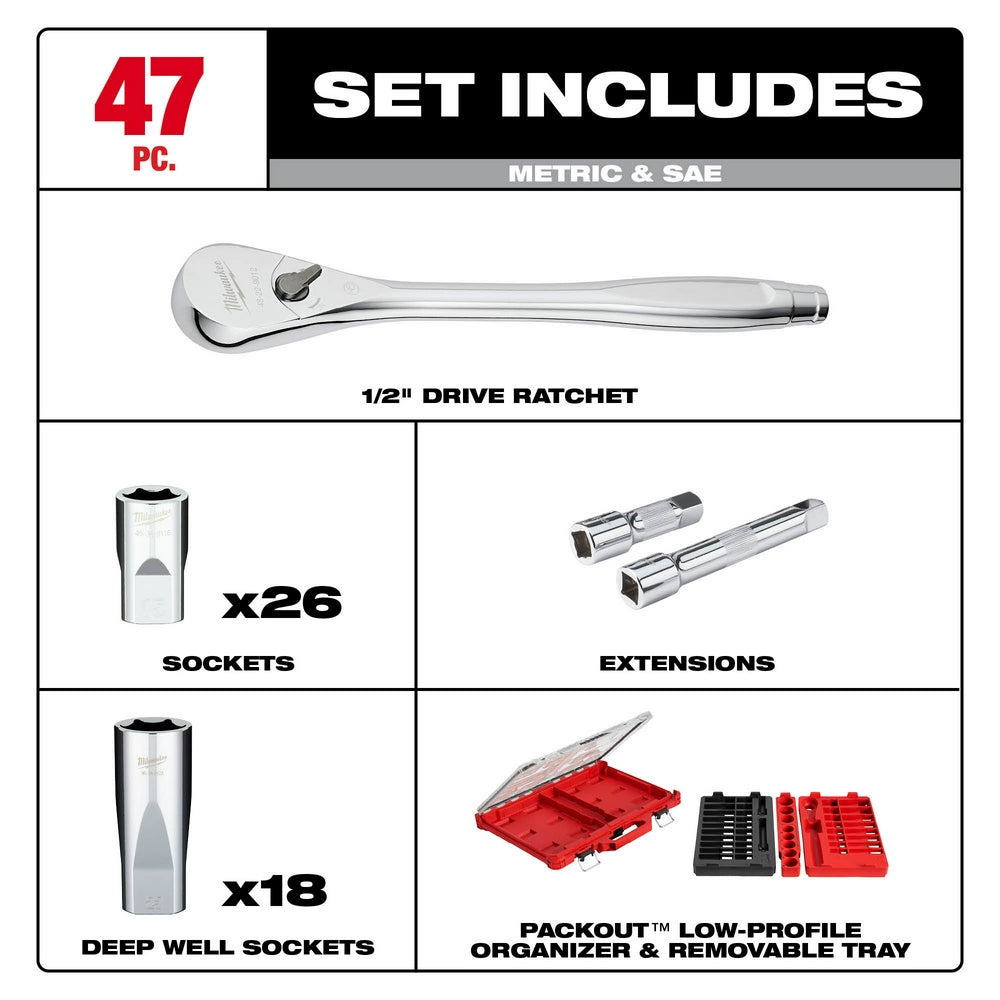 47PC 1/2" Drive Ratchet & Socket Set with PACKOUT™ Organizer