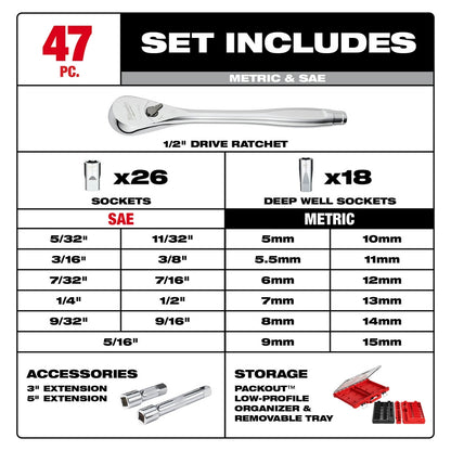 47PC 1/2" Drive Ratchet & Socket Set with PACKOUT™ Organizer
