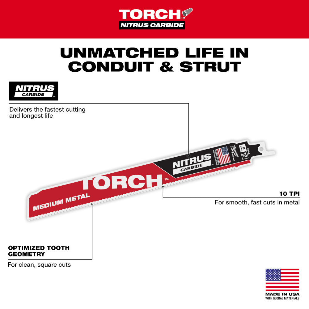 9" 10 TPI TORCH™ with NITRUS™ Carbide Teeth for Conduit and Strut SAWZALL® Blade (5 PK)