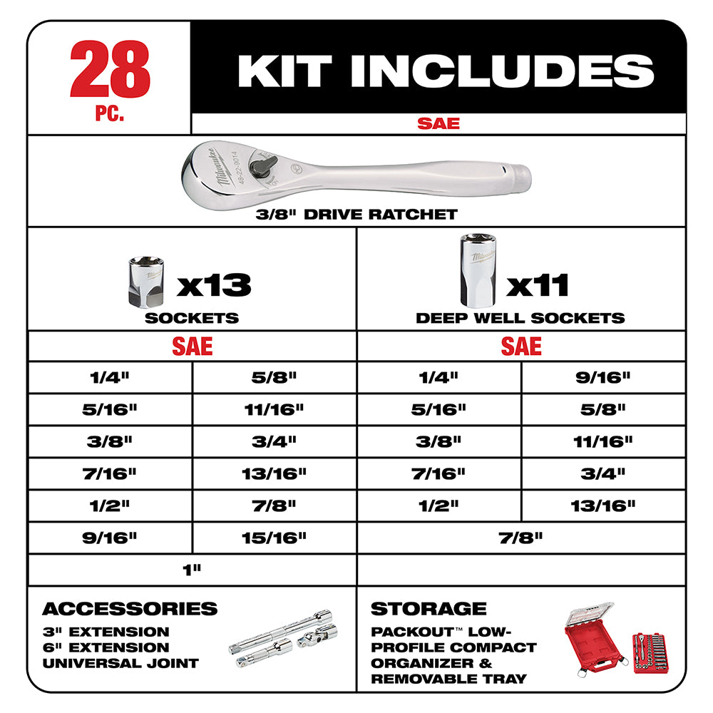 3/8" 28 Pc Ratchet & Socket Set with PACKOUT™ Organizer