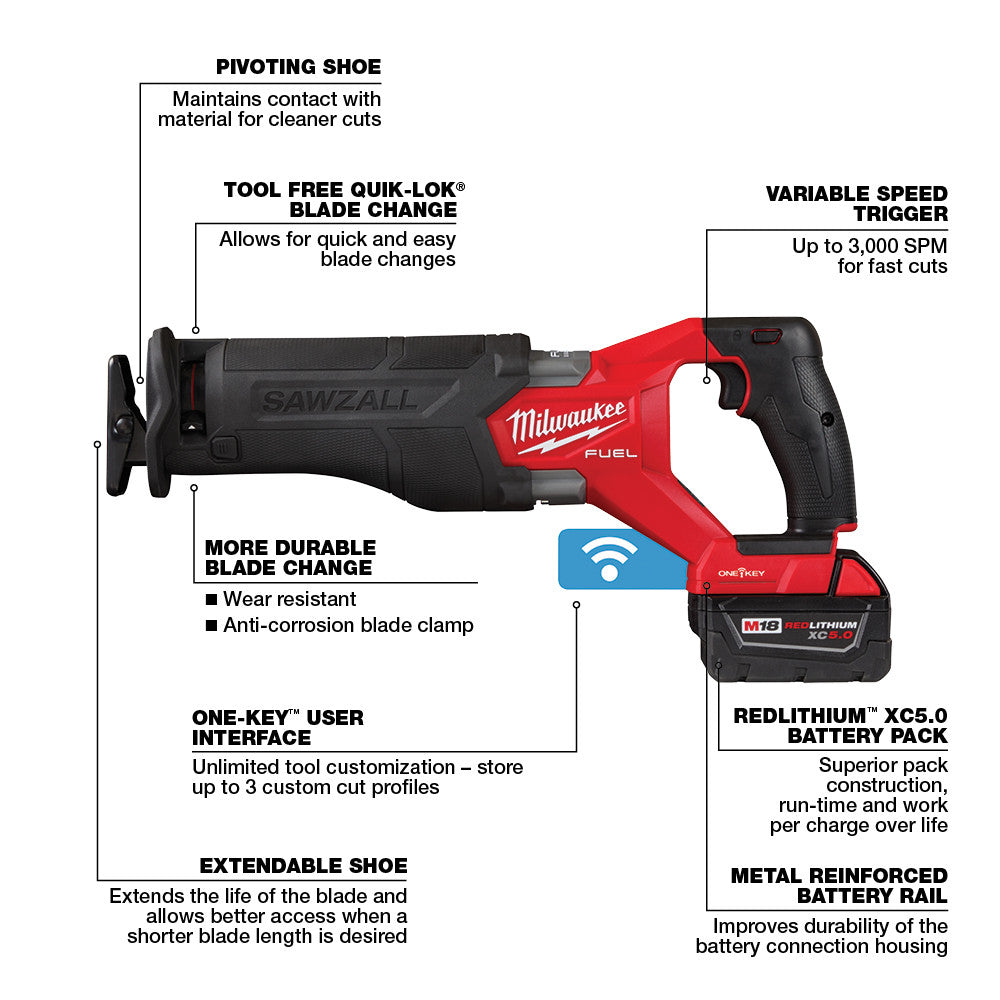 M18 FUEL™ SAWZALL® Recip Saw w/ ONE-KEY™ - 2 Battery XC5.0 Kit