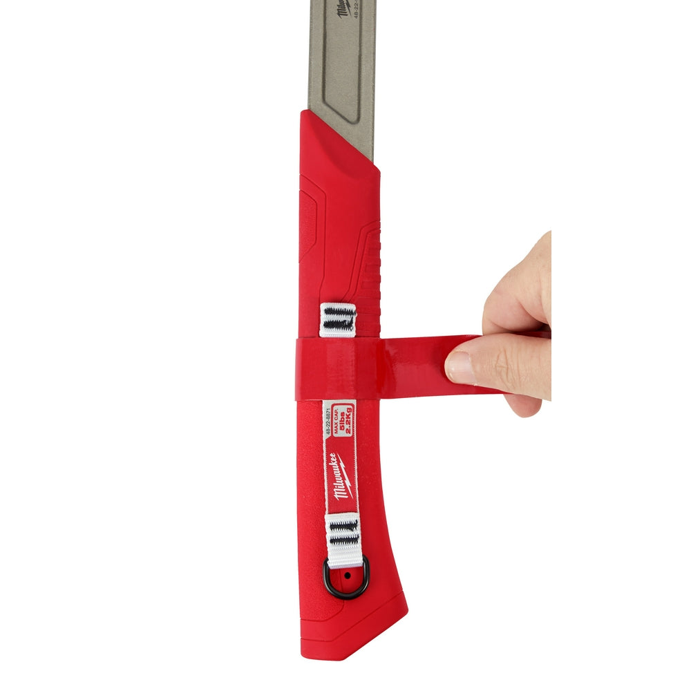 Red tool belt held open by a hand on a white background