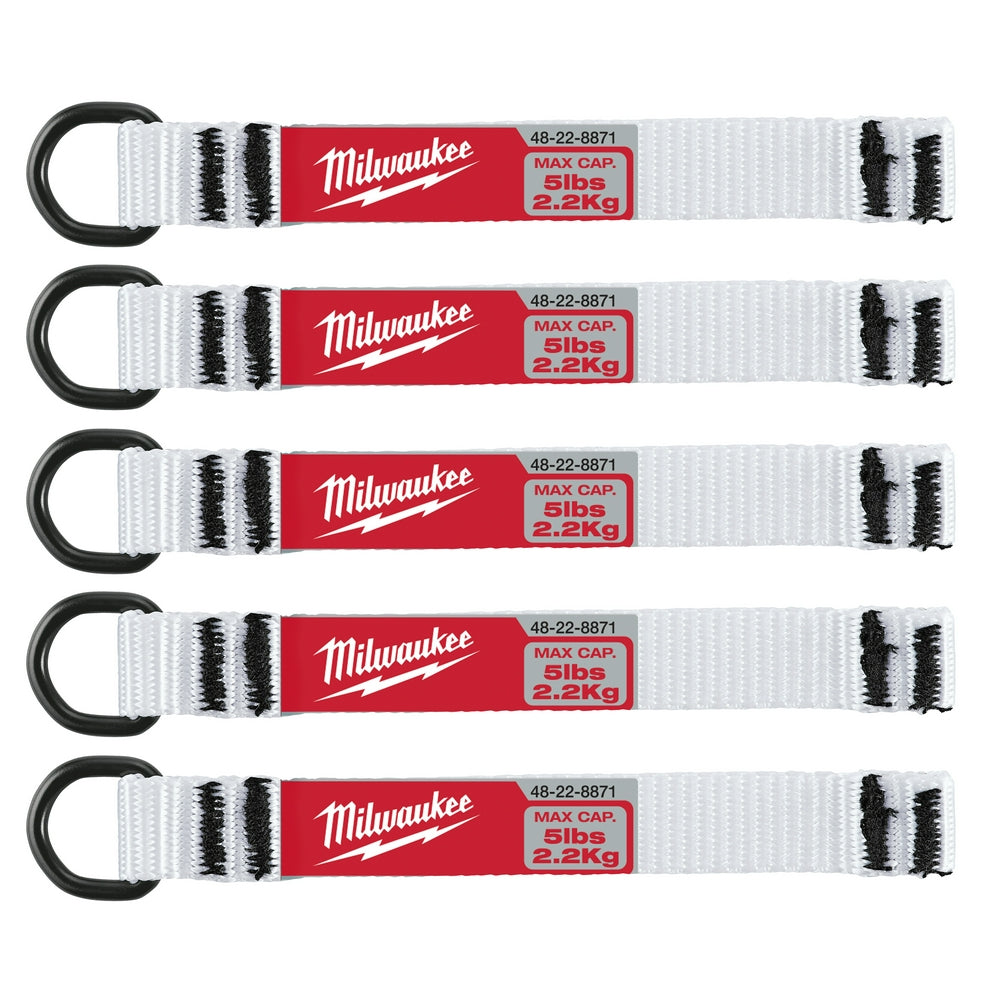 A set of five white nylon webbing d-ring attachments with red labeling, designed for securing tools, by Milwaukee.