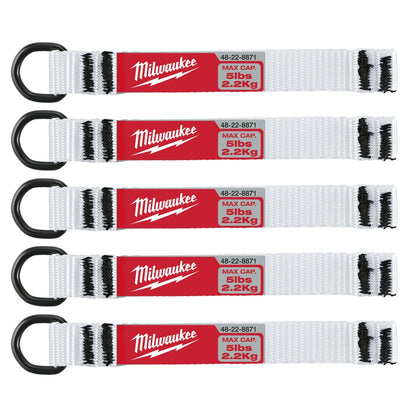 A set of five white nylon webbing d-ring attachments with red labeling, designed for securing tools, by Milwaukee.