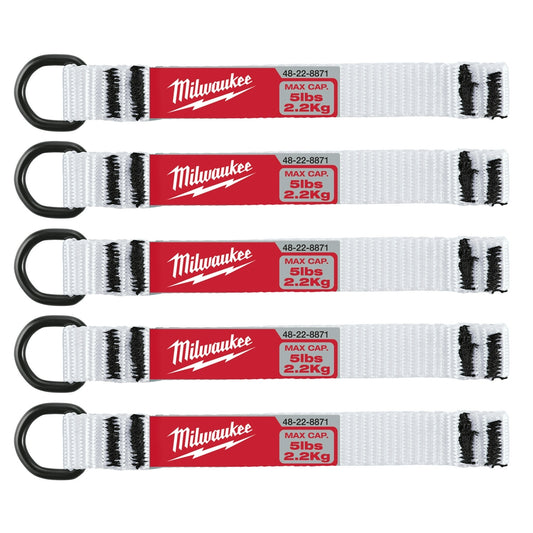 A set of five white nylon webbing d-ring attachments with red labeling, designed for securing tools, by Milwaukee.
