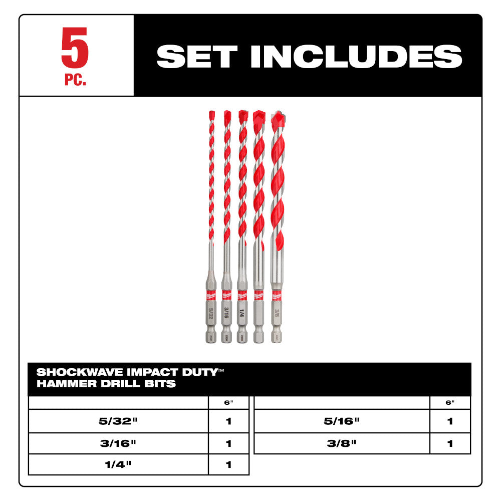 5PC. SHOCKWAVE™ Impact Duty Carbide Hammer Drill Bit Set