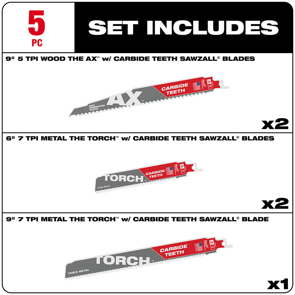 5PC Wood and Metal Cutting Carbide Teeth SAWZALL® Blade Set