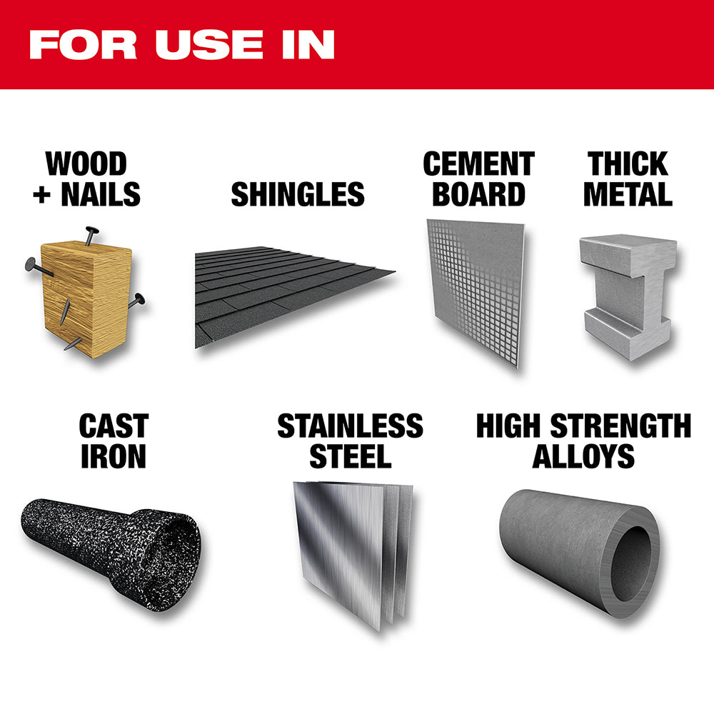 For use in Wood + Nails, Shingles, Cement Board, Thick Metal, Cast Iron, Stainless Steel, Hight Strength Alloys