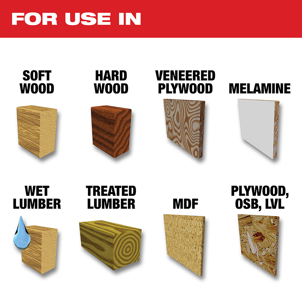 For use in Softwood, Hardwood, Veneered Plywood, Melamine, Wet Lumber, Treated Lumber, MDF, Plywood, OSB, LVL